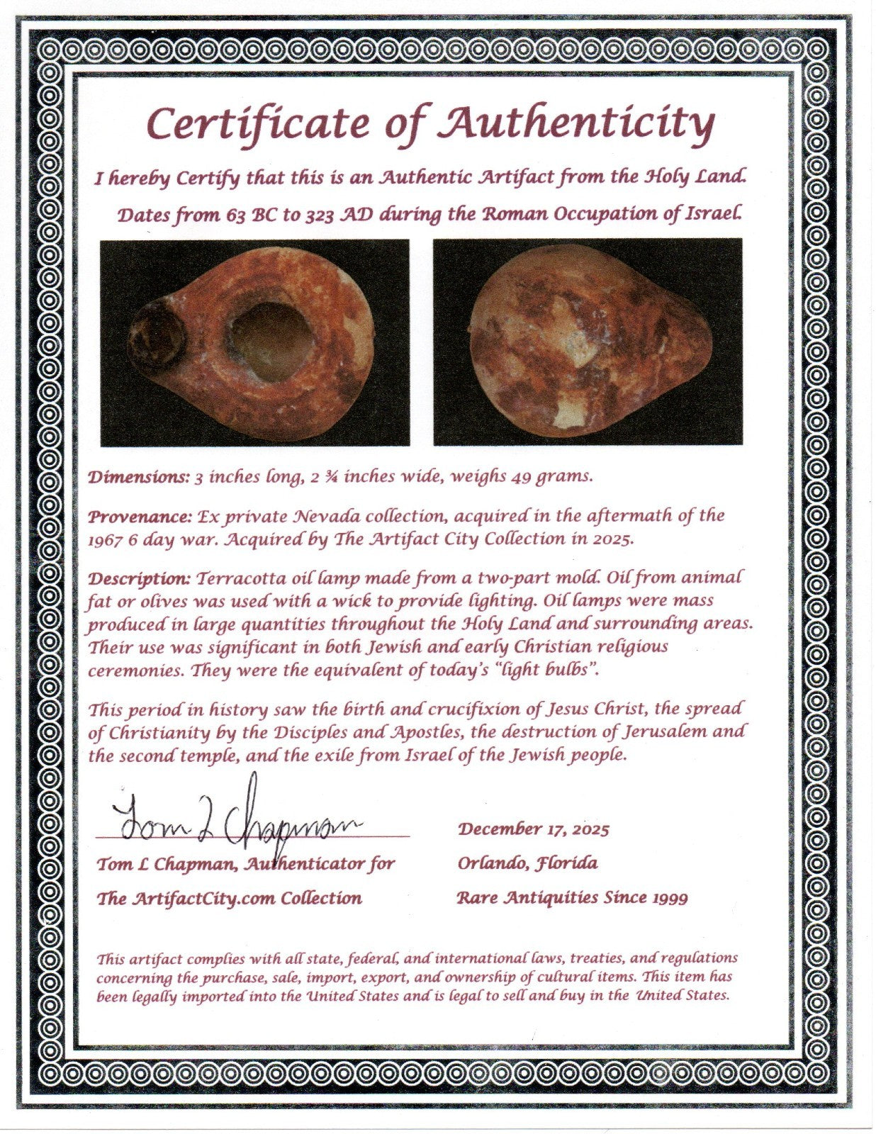 Holy Land Oil Lamp Ancient Artifact Time of Jesus & Apostles 63BC-323AD COA 144