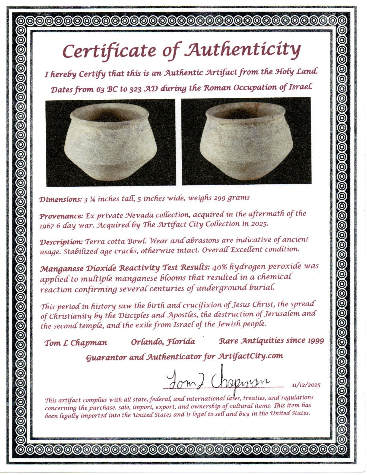 Time of Jesus Christ & Apostles Holy Land Artifact Ancient Bowl 63BC-323AD COA89