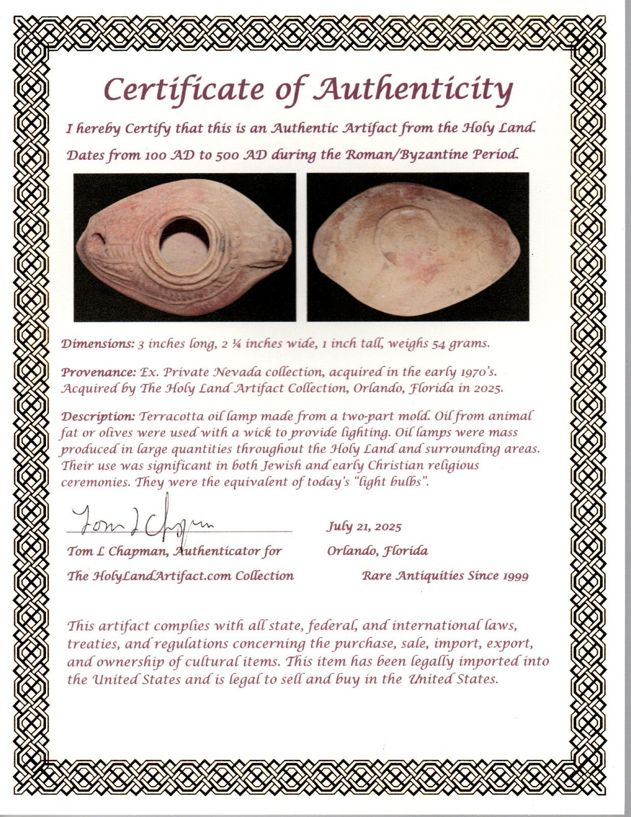 Ancient Holy Land Oil Lamp Artifact From Jesus Christ Home Land 100-500AD COA 55