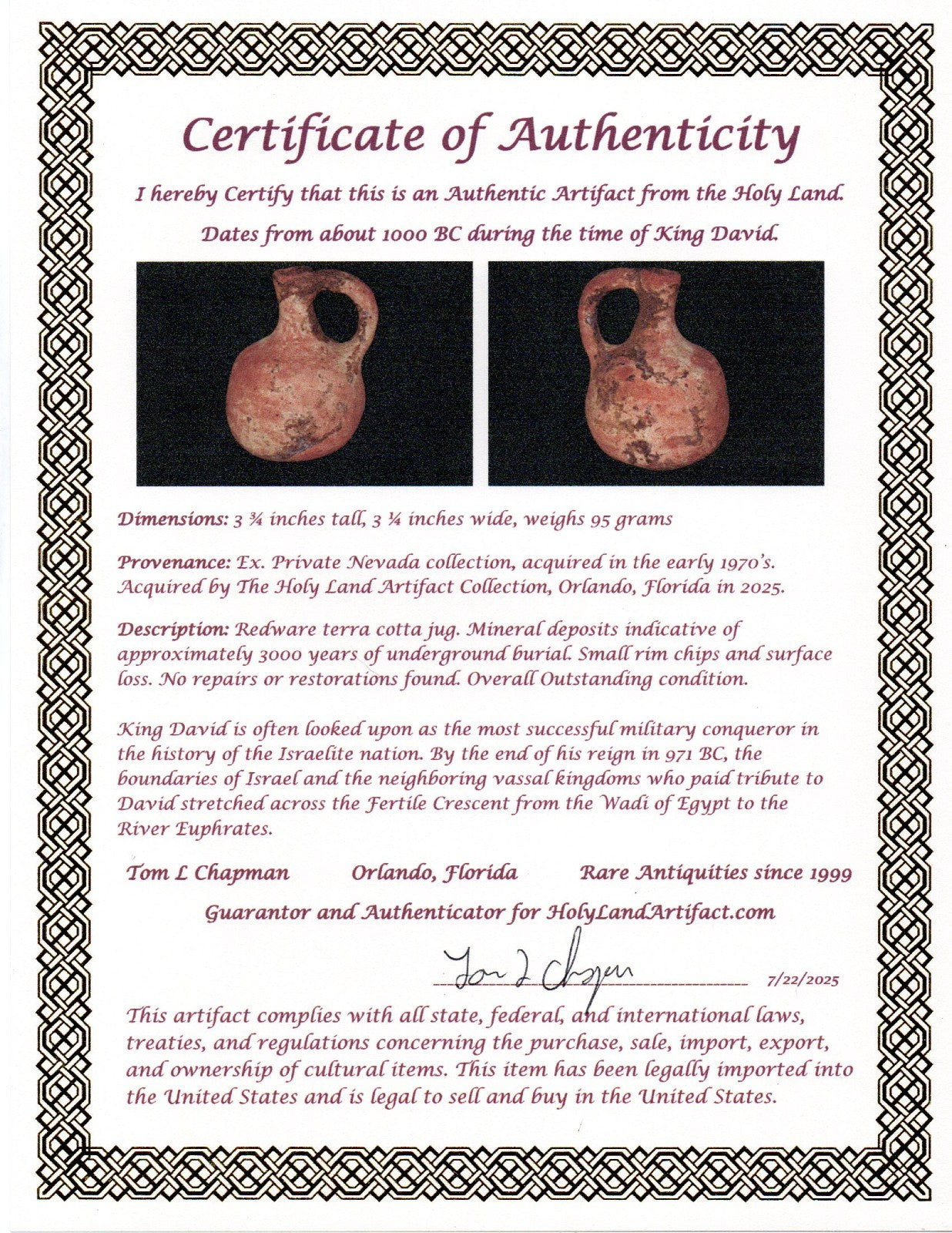 Ancient Holy Land Artifact King David Jug Land of Jesus Christ 1000 BC COA 17